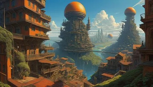 futuristic landscape,citadels,fantasy city,ancient city,fantasy landscape,skylands,3d fantasy,ecotopia,fantasy art,airships,sedensky,terraformed,mushroom landscape,fractal environment,spires,skylstad,fantasy world,skyscraper town,fantasy picture,homeworld,Illustration,Realistic Fantasy,Realistic Fantasy 28