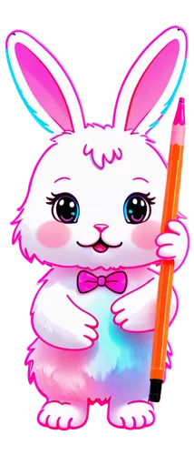 Cute doodle bunny, cartoon style, white fluffy fur, pink nose, big shiny eyes, long floppy ears, little paws, holding a crayon, colorful scribbles around, pastel colors, soft focus, whimsical lighting