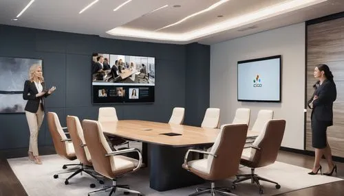 Cisco video conferencing room, modern minimalist interior design, large screen display, sleek metal legs, glass table top, high-backed leather chairs, subtle wood accents, softbox lighting, warm beige