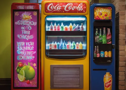 Describe a whimsical soda machine that grants wishes instead of selling drinks.,soda machine,vending machine,vending machines,carbonated soft drinks,soda shop,soda fountain,coke machine,ice cream soda