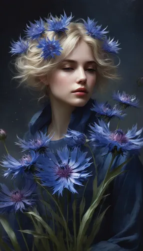 girl in flowers,blue petals,blue sow thistle,blue flowers,cornflowers,blue flower,blue anemones,cornflower,kahila garland-lily,blue daisies,blue enchantress,blue rose,borage family,mystical portrait of a girl,falling flowers,elven flower,flora,faery,fantasy portrait,flower fairy,Conceptual Art,Fantasy,Fantasy 11