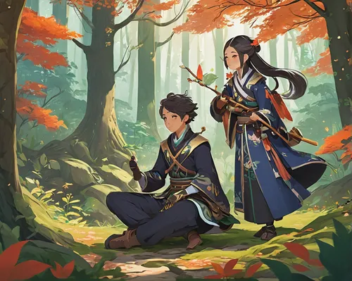 game illustration,young couple,autumn background,jinrikisha,bird couple,autumn theme,in the forest,pine family,leaf background,fallen leaves,throwing leaves,the autumn,tsukemono,falling on leaves,autumn idyll,kimonos,wuchang,the leaves,autumn scenery,in the autumn,Art,Artistic Painting,Artistic Painting 25