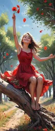 A young girl with an red dress. Two hands are uping with flowers.  Happy. Sitting on the tree-trunk. Under the summer trees, background is dusty Lane and dry grass. Some dry leaves are falling and fly