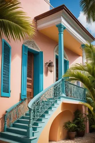 Colonial-style architecture, Barbadian building, pastel-colored walls, wooden shutters, ornate balconies, curved stairs, grand entrance, decorative ironwork, tropical plants surrounding, palm trees sw