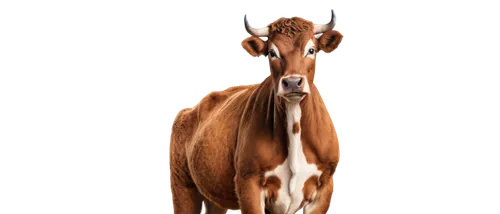 Brown cow, standing, countryside background removed, detailed fur texture, black horns, white patches on face, gentle eyes, mouth slightly open, ears perked up, realistic, warm lighting, 3/4 compositi