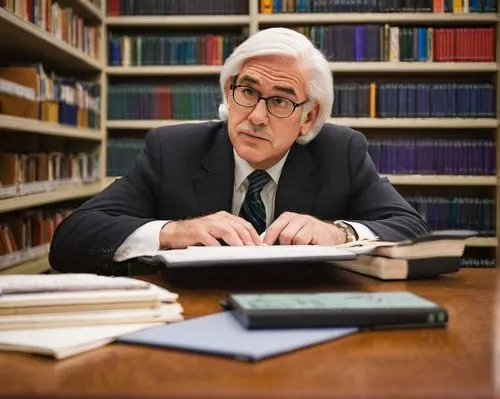 Textbook, computer organization and architecture, William Stallings, author, bespectacled, white hair, formal wear, suit, tie, sitting, desk, laptop, papers, pens, library, wooden shelves, books, calm