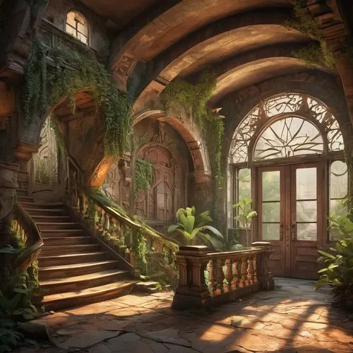 abandoned place,dandelion hall,conservatory,the threshold of the house,abandoned places,ancient house,house in the forest,doorways,forest house,lost place,uncharted,abandoned house,ornate room,outside staircase,fantasy landscape,beautiful home,theed,staircase,atriums,dreamhouse,Illustration,Retro,Retro 12