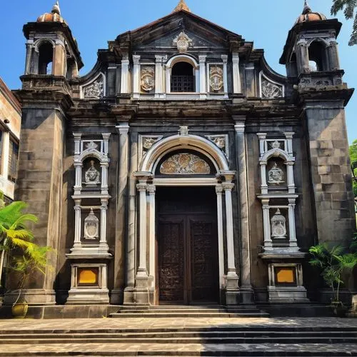 Iconic Filipino architecture, Intramuros Manila, historic landmarks, grand entrance, intricate stone carvings, ornate wooden doors, vibrant stained glass windows, majestic bell towers, Baroque-style c