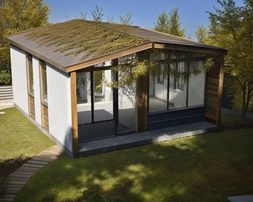 inverted cottage,3d rendering,folding roof,grass roof,prefabricated buildings,turf roof,garden elevation,flat roof,garden shed,small cabin,frame house,eco-construction,garden buildings,house drawing,cubic house,heat pumps,summer house,render,danish house,mid century house,Photography,General,Realistic