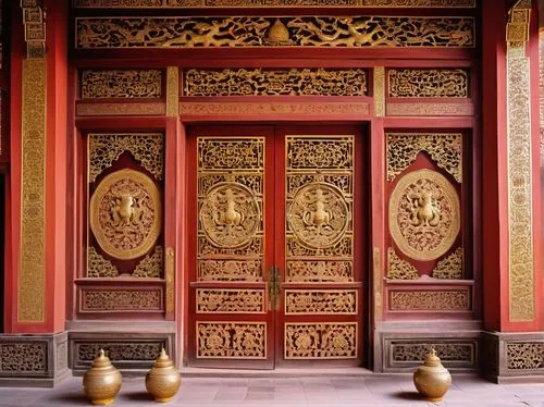 Ancient Chinese imperial palace, Chola dynasty inspired, intricately carved wooden doors, golden dragon ornaments, majestic sweeping eaves, crimson columns, ornate roof tiles, vibrant ceramic vases, i