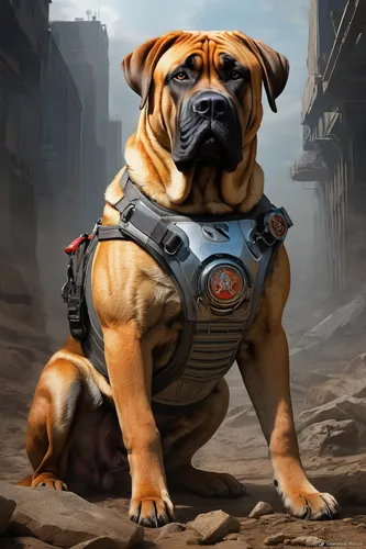 Imagine a futuristic world where Boerboel dogs have become highly intelligent and are trained as search and rescue dogs by a secret organization.,mastiff,boerboel,american mastiff,renascence bulldogge