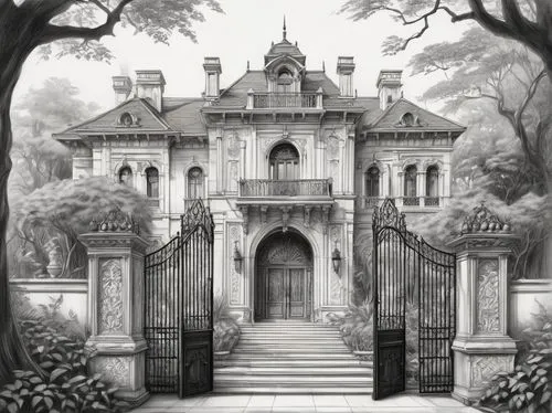 Ditman Mansion, luxurious villa, modern Gothic style, intricate stone carvings, grand entrance, heavy wooden doors, ornate iron fences, lush greenery, overgrown vines, mysterious atmosphere, misty mor