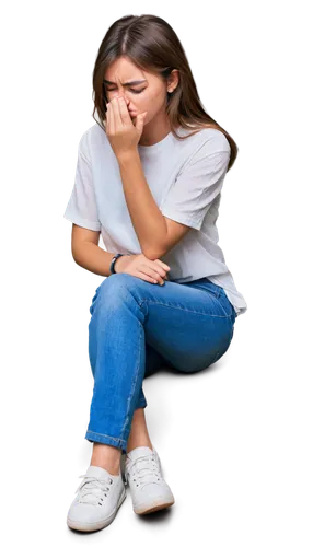 upset girl, crying, tears falling, red eyes, messy brown hair, light blush, simple white shirt, blue jeans, sneakers, sitting on floor, legs bent, hands covering face, emotional, soft lighting, shallo