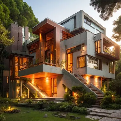 a cozy villa with modern decor sits in the heart of a serene garden, surrounded by lush green trees. The sun is setting, casting a warm orange glow on the house and the surrounding gardens. A wooden p