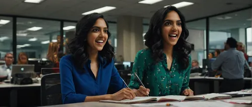 Write a comedy script with Ritu Varma as the lead, trying to navigate hilarious misunderstandings in a busy office.,blur office background,business women,businesswomen,receptionists,anushka shetty,dig