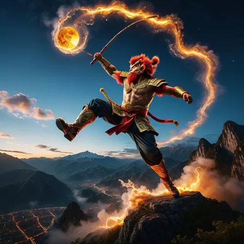 晚上  孙悟空  筋斗云  飞天,the man is dancing in the sky with his sword,fire poi,airbender,wukong,fireballer,kongfu,pyrotechnical,Photography,General,Fantasy