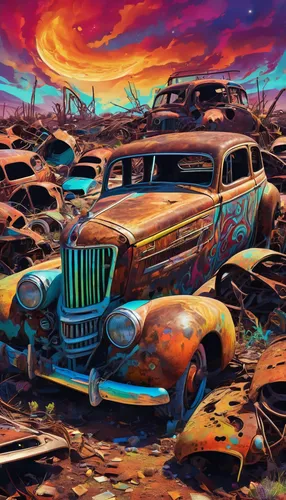 junk yard,junkyard,post-apocalyptic landscape,scrapyard,rusty cars,salvage yard,wasteland,car cemetery,car hop,ford prefect,scrap yard,hudson hornet,post apocalyptic,atomic age,scrap car,apocalyptic,old cars,hotrods,station wagon-station wagon,cars cemetry,Illustration,Realistic Fantasy,Realistic Fantasy 39