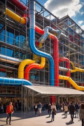 Centre Pompidou, modern architecture, colorful tubular structure, urban landscape, Parisian streets, vibrant colors, brutalist design, geometric shapes, irregular forms, stainless steel pipes, transpa