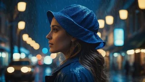 blue rain,bokeh,in the rain,walking in the rain,girl wearing hat,blue hour,girl walking away,electric blue,raincoat,blu,blue light,indigo,bokeh effect,background bokeh,winterblueher,bokeh lights,city lights,cinematic,girl with a pearl earring,the girl at the station,Photography,General,Cinematic