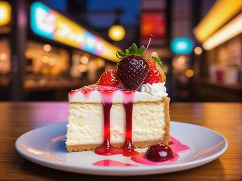 Anime-style cheesecake, Japanese dessert shop, Tokyo streets, neon lights, Kawaii decorations, colorful sprinkles, creamy white cheesecake, strawberry sauce, whipped cream, cherry on top, ceramic plat