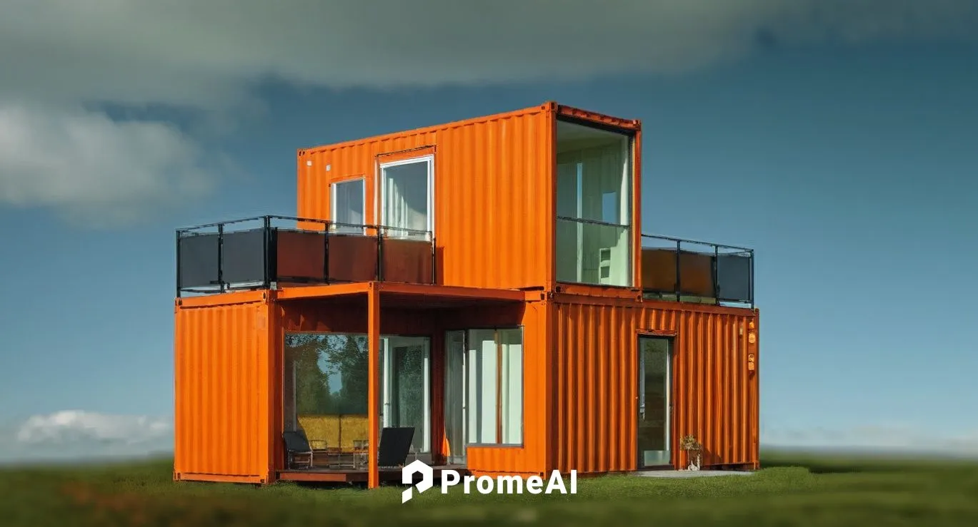 a simple modern home made of shipping container, with glass balcony, two lawn chairs, orange paint scheme, situated a forest area,the house is made out of shipping containers,cubic house,cube stilt ho