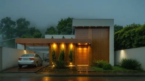 put a beauty wood door in front of the building, turn on the lights,a modern house with wood trim and lights at night,neutra,mid century house,mid century modern,monsoons,monsoon,eichler,midcentury,la