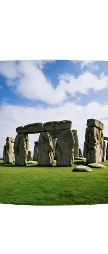 Ancient Stonehenge, daytime, sunny weather, blue sky, green grass, giant stones, mysterious atmosphere, 360-degree panoramic view, wide-angle lens, dramatic lighting, warm color tone, historic landmar