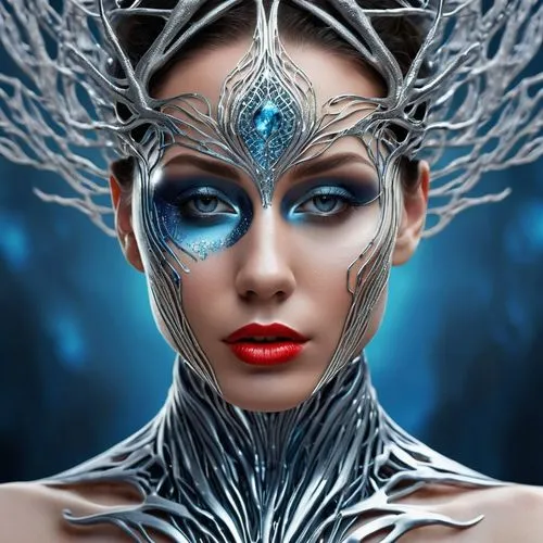 fantasy art,blue enchantress,ice queen,fantasy portrait,seelie,faery,faerie,the enchantress,fantasy woman,dryad,circlet,enchantress,biomechanical,fairy queen,bodypainting,body painting,priestess,the snow queen,mirror of souls,dryads,Photography,General,Sci-Fi