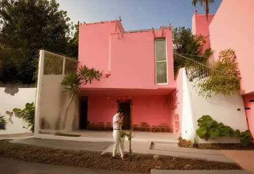 Diseño de casa estilo mínimalista, USANDO MUROS BLANCOS, CON UN ELEMENTO EN COLOR ROSA MEXICANO, fusionando elementos de la arquitectura del arquitecto Luis barragan, ubicada en un ambiente urbano con