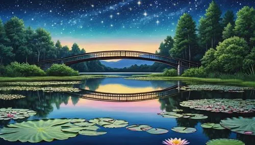 scenic bridge,rainbow bridge,river landscape,bridge,wooden bridge,love bridge,pont,waterlilies,angel bridge,landscape background,adventure bridge,water lilies,colorado riverway bridge,art painting,bridges,highway bridge,lily pond,viola bridge,lily pads,nature landscape,Photography,General,Realistic