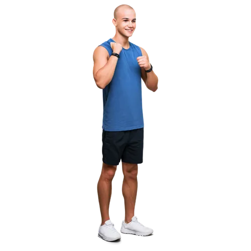 Shaved head, teenage boy, athletic build, muscular arms, strong jawline, small nose ring, sporty attire, white sleeveless shirt, black shorts, sneakers, confident pose, one hand on hip, bright smile, 