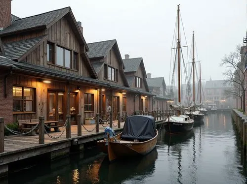 Waterfront boathouse, rustic wooden docks, nautical rope details, vintage sailboats, academic style architecture, brick and stone facade, steeply pitched roofs, dormer windows, ornate wooden trim, dis