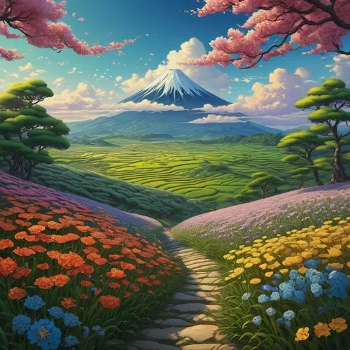 landscape background,mountain landscape,mountain scene,the valley of flowers,mountainous landscape,blooming field,Illustration,Realistic Fantasy,Realistic Fantasy 03