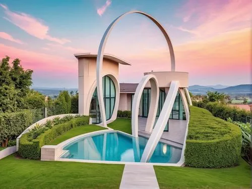 this is an unique house with a swimming pool,medjugorje,lachapelle,superadobe,el salvador dali,three centered arch,goetheanum,Photography,General,Realistic