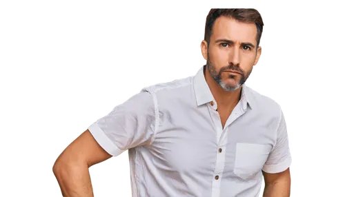 Middle-aged man, deep breath, serious expression, stubble beard, short brown hair, casual wear, white shirt, dark jeans, sneakers, hands on hips, relaxed posture, soft natural lighting, 3/4 compositio