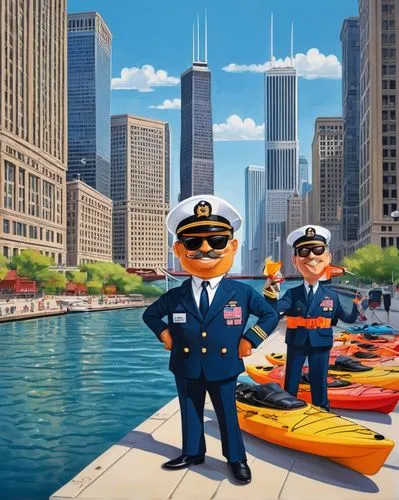 Chicago River, morning time, sun rising over skyscrapers, sleek modern architecture, historical buildings, Willis Tower, Navy Pier, sailboat, speedboat, kayaks, life jackets, captain's hat, sunglasses