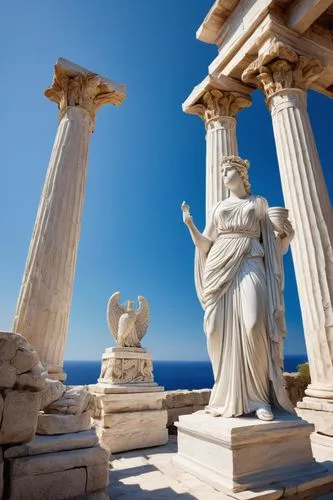 Ancient Greek temple, Doric columns, intricate stone carvings, ornate friezes, marble statues, mythological scenes, goddess Athena, laurel wreath, white robes, flowing drapery, Mediterranean sea, brig