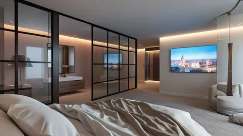 this is a bedroom with a flat screen tv,modern room,penthouses,sky apartment,modern living room,interior modern design,loft