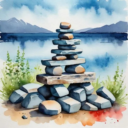 stacked rocks,stacking stones,stacked stones,rock stacking,stack of stones,cairn,rock cairn,stacked rock,rock balancing,watercolor background,background with stones,stone balancing,chalk stack,mountain stone edge,stone pyramid,balanced pebbles,stone drawing,standing stones,rock painting,watercolor painting,Illustration,Paper based,Paper Based 25