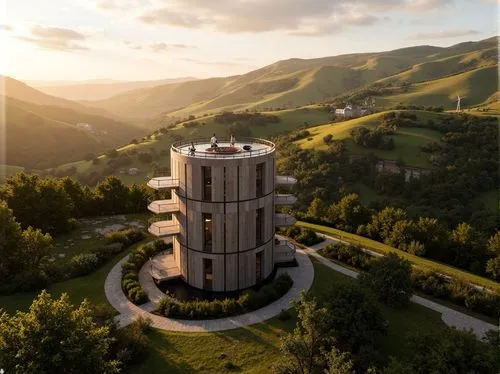 Panoramic viewing tower, harmonious landscape integration, rolling hills, lush greenery, winding walking trails, scenic lookout points, rustic stone walls, wooden observation decks, curved staircase, 