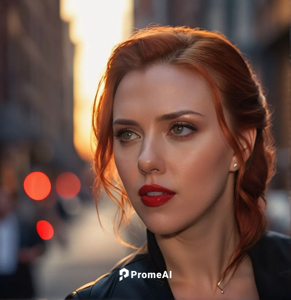 a portrait of a beautiful Scarlett Johansson 26 years old, red hair, red lips, wearing a black custom of black widow of Marvel stand up in the sunset in a street of Manhattan in New York as background