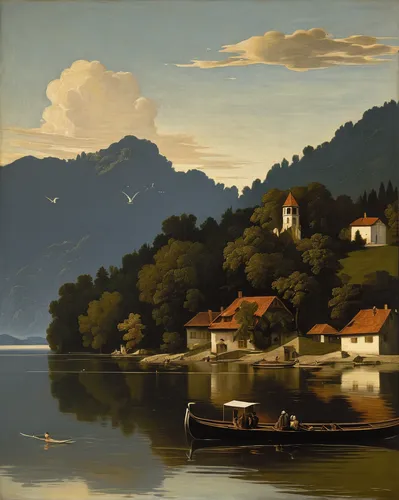 house with lake,sognefjord,lake lucerne region,boat landscape,river landscape,idyll,oberlo,fjord,villa balbianello,grissini,lake neuchâtel,coastal landscape,landscape with sea,home landscape,fjords,carl svante hallbeck,lago di lugano,wachau,khokhloma painting,lake bled,Art,Classical Oil Painting,Classical Oil Painting 05