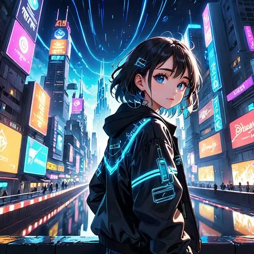 nico,cyan,shibuya,tokyo city,cg artwork,cyberpunk,city lights,cyber,hatsune miku,osaka,tokyo,cityscape,shinjuku,colorful city,would a background,vector girl,colorful background,clean background,persona,music background,Anime,Anime,Cartoon