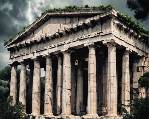 Ancient Greek temple, grandiose, ornate columns, intricately carved marble, mythological creatures, Medusa heads, Lion statues, Gods' statues, Athena, Zeus, Poseidon, Apollo, white marble, golden acce