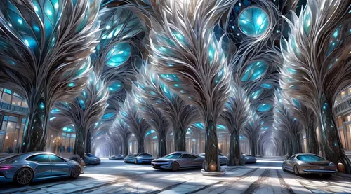 ice castle,fractalius,futuristic landscape,fractal lights,neurons,fantasy art,hall of the fallen,3d car wallpaper,neural pathways,tree grove,synapse,fractals art,futuristic architecture,fantasy picture,spruce forest,3d fantasy,cartoon forest,concept art,futuristic art museum,sci fiction illustration