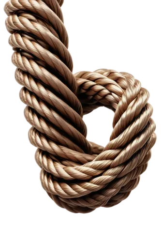 Coiled rope, brown rope, twisted fibers, rough texture, metallic clip, shiny surface, 3D rendering, low-angle shot, dramatic lighting, close-up composition, detailed knots, realistic shading.,rope kno