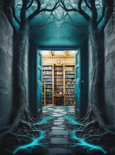 Old library,sci fiction illustration,fantasy picture,bookshelves,mystery book cover,bookstore,book store,bookshop,the books,books,fantasy art,witch's house,book wall,underground lake,debt spell,hall o