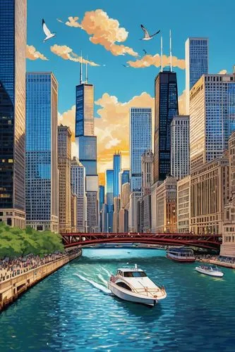 chicago skyline,chicago,birds of chicago,metra,chicagoland,chicagoan,waterfronts,cityhopper,water taxi,lakefront,harbour city,seaplanes,cityflyer,citycat,new york harbor,world digital painting,navy pier,seaplane,turismo,boat landscape,Illustration,Japanese style,Japanese Style 04