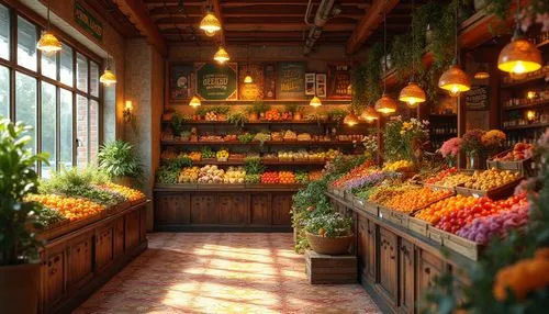 Vibrant eclectic grocery store interior, warm golden color scheme, ornate wooden shelves, intricate tile patterns, vintage industrial lighting fixtures, distressed metal signs, woven wicker baskets, c