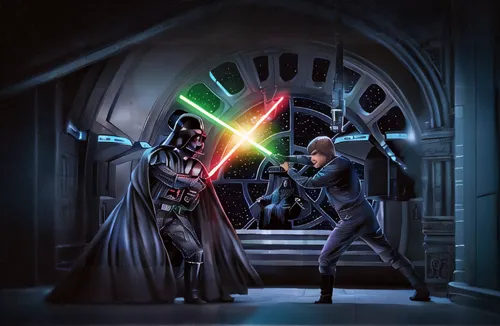 cg artwork,darth vader,dark side,lightsaber,vader,tie fighter,confrontation,starwars,star wars,sci fiction illustration,dance of death,rots,darth talon,sword fighting,fantasy picture,force,darth wader